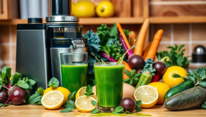 A colorful array of fresh fruits and vegetables, including spinach, kale, lemons, beets, carrots, cucumbers, and mint, displayed on a kitchen counter next to a juicer, with a glass of green juice in the foreground, symbolizing health and vitality.
