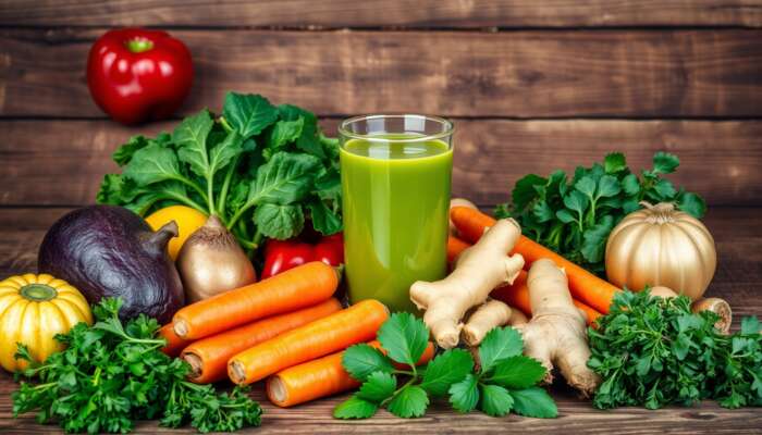 A colorful arrangement of fresh fruits and vegetables, including spinach, kale, carrots, and ginger, with a glass of juice in the center, symbolizing health and wellness through juicing.