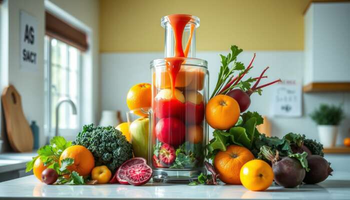 A colorful display of fresh fruits and vegetables in a glass juicer, with juice flowing out, highlighting the benefits of juicing for lowering cholesterol.