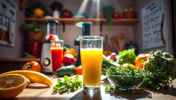 A colorful kitchen scene featuring a juicer with various fruits and vegetables, a glass of fresh juice in the foreground, and sunlight highlighting the vibrant colors, representing health and vitality.